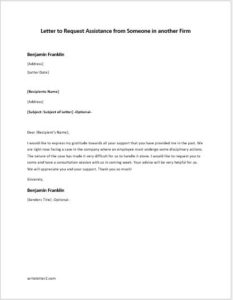 Letter to Request Assistance from Someone in another Firm