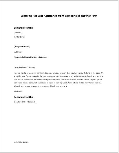 Letter to Request Assistance from Someone in another Firm