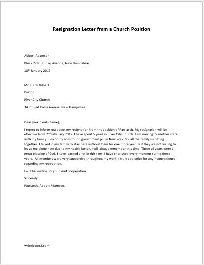 Resignation Letter For A Church Position