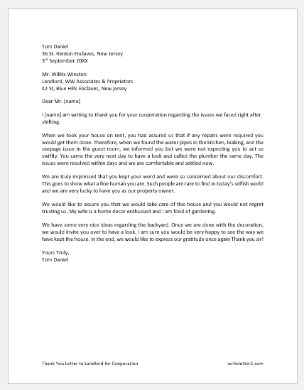 Thank You Letter to Landlord for Cooperation