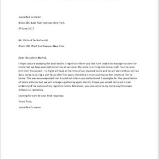 Letter to Cancel Lunch Invitation | writeletter2.com