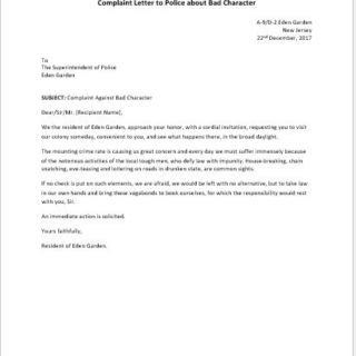 Complaint letter to police about bad character