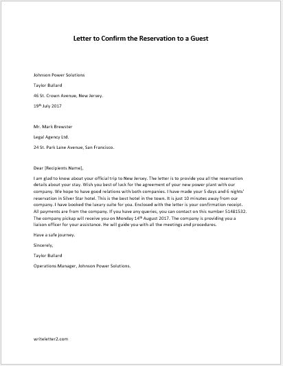 Letter To Confirm The Reservation To A Guest Writeletter2 Com