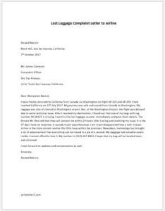 Lost Luggage Complaint Letter to Airline