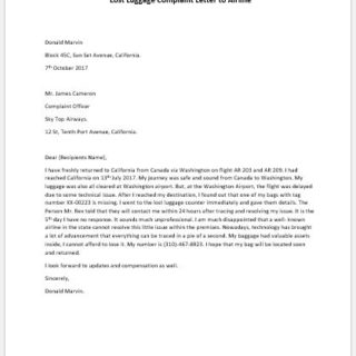 Lost Luggage Complaint Letter to Airline