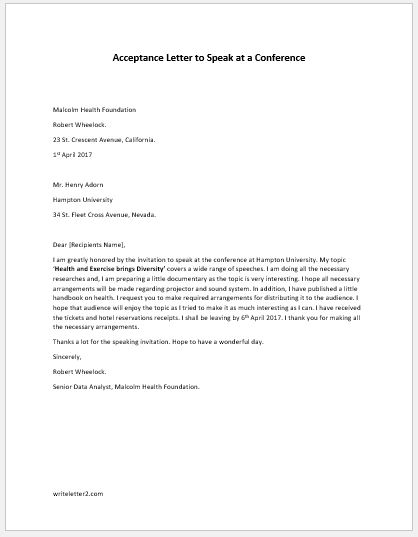 Acceptance Letter to Speak at a Conference | writeletter2.com