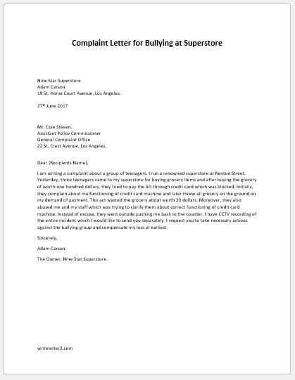 Complaint Letter for Bullying at Superstore