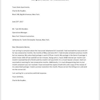 Complaint Letter for Inaccurate Bill