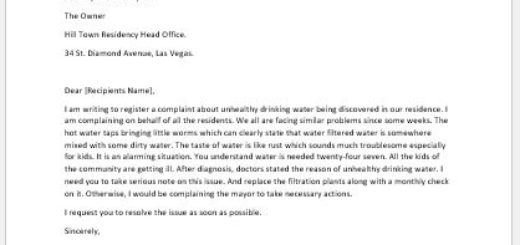 Complaint Letter for Unhealthy Drinking Water