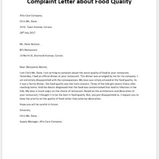 Complaint letter about food quality