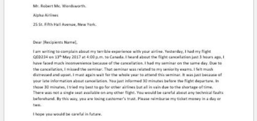 Complaint letter for Cancelled Flight