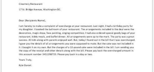 Complaint letter for overcharge