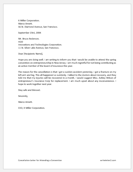 Cancellation Letter for Attending a Convention | Download