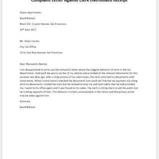 Complaint Letter Against Clerk Overlooked Receipt