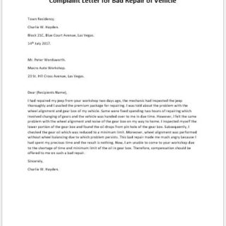 Complaint Letter for Bad Repair | writeletter2.com