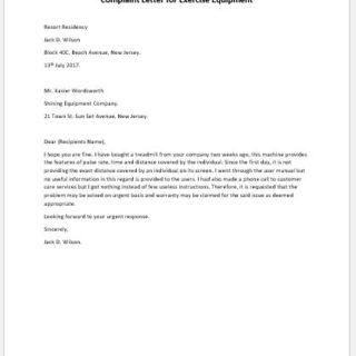 Complaint Letter for Exercise Equipment