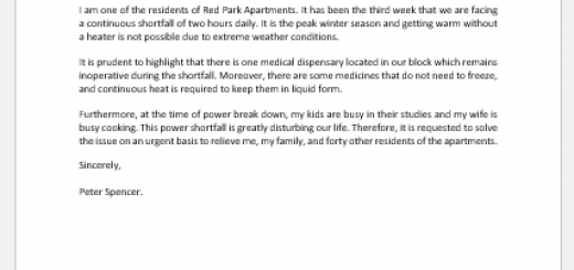 Complaint Letter for Power Outage