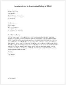 Complaint Letter for Unannounced Holiday at School | writeletter2.com