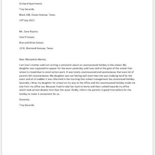 Complaint Letter for Unannounced Holiday at School