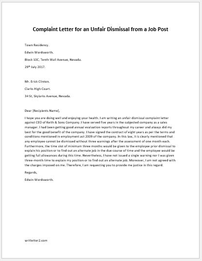 Sample Wrongful Termination Letter To Employer from writeletter2.com