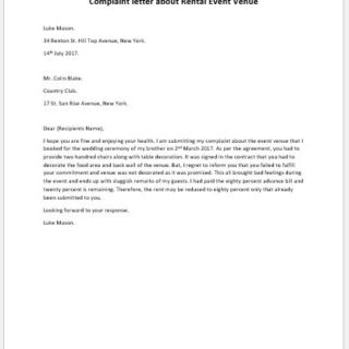 Complaint letter about Rental Event Venue Decoration | writeletter2.com