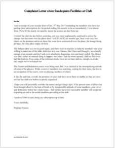 Complaint Letter about Inadequate Facilities at Club