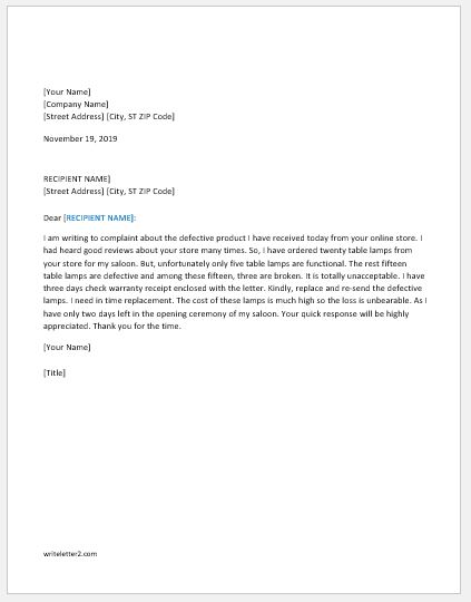 Complaint Letter against Defective Product | writeletter2.com