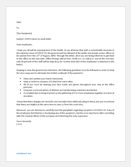 COVID Return to Work Letter | writeletter2.com