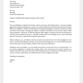 Complaint Letter against Sweeper