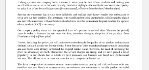 Letter Informing Customers of Price Increase