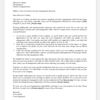 Letter of Concern Regarding Poor Management Decisions