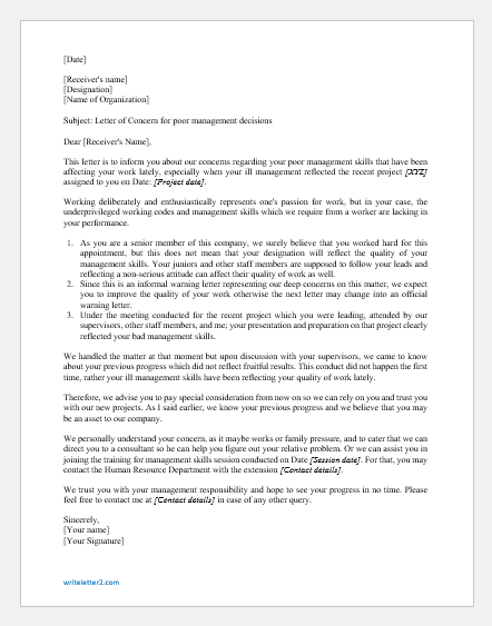 Letter of Concern Regarding Poor Management Decisions
