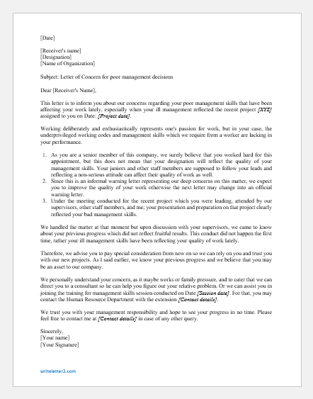 Letter of Concern Regarding Poor Management Decisions | writeletter2.com