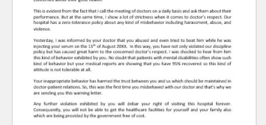 Letter to Patient for Inappropriate Behavior