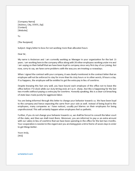 Angry Letter to Boss for Not Working More Than Allocated Hours