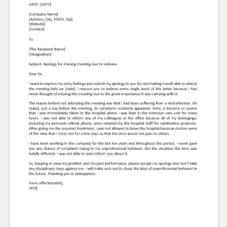 Apology Letter for Missing a Meeting due to Sickness