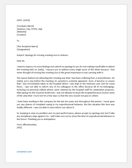 Apology Letter for Missing a Meeting due to Sickness | Free