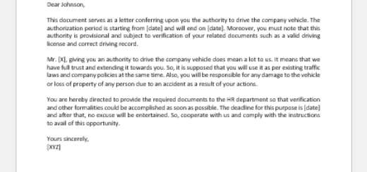 Authorization Letter to Drive Company Vehicle