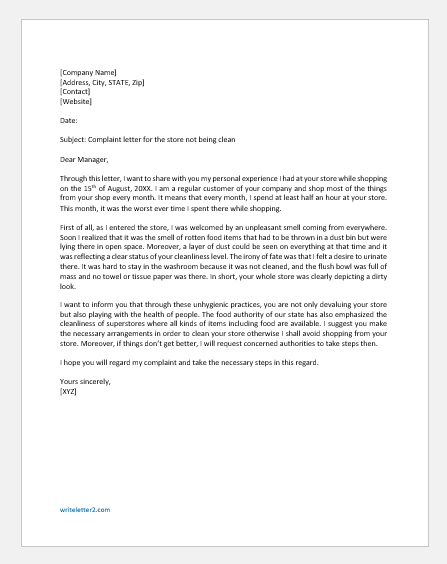 Complaint Letter from a Customer about a Store not being Clean