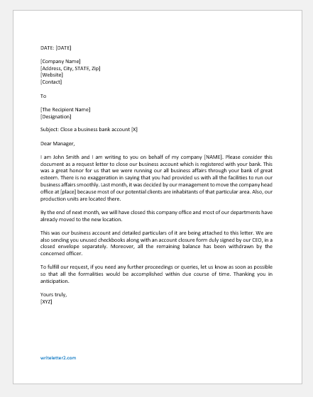 Letter to Close Business Bank Account