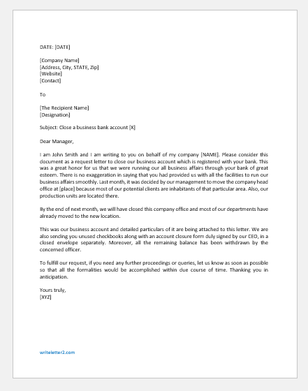 Letter To Close A Business Bank Account Writeletter2 Com