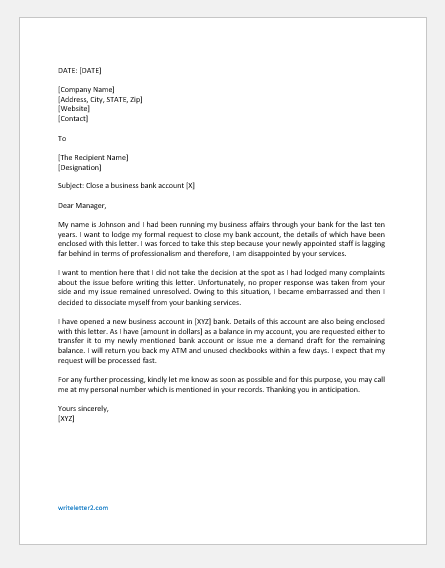 Letter To Close A Business Bank Account Writeletter2 Com