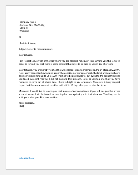 Letter To Request Arrears 