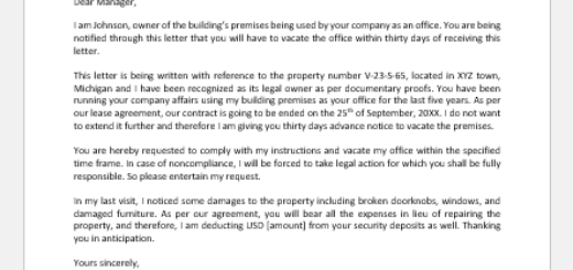 Letter to Vacate Office Premises