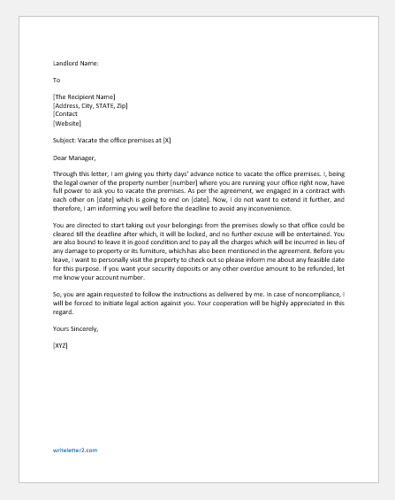 Letter to Vacate Office Premises | writeletter2.com