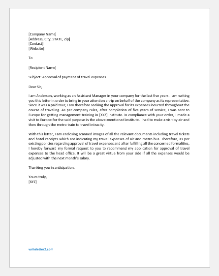 Request Letter for Approval of Travel Expenses | Download