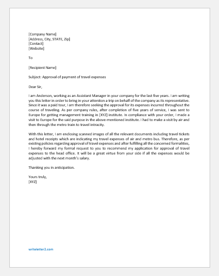 Request Letter For Approval Of Travel Expenses Writeletter2 Com