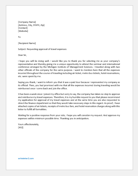 Request Letter for Approval of Travel Expenses | Download