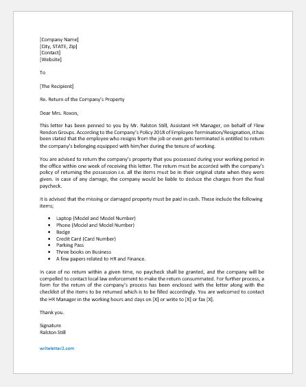 Return of Company's Property Letter to Employee
