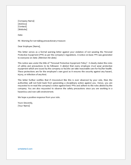 Warning Letter to Employee for Not Wearing PPE | Download